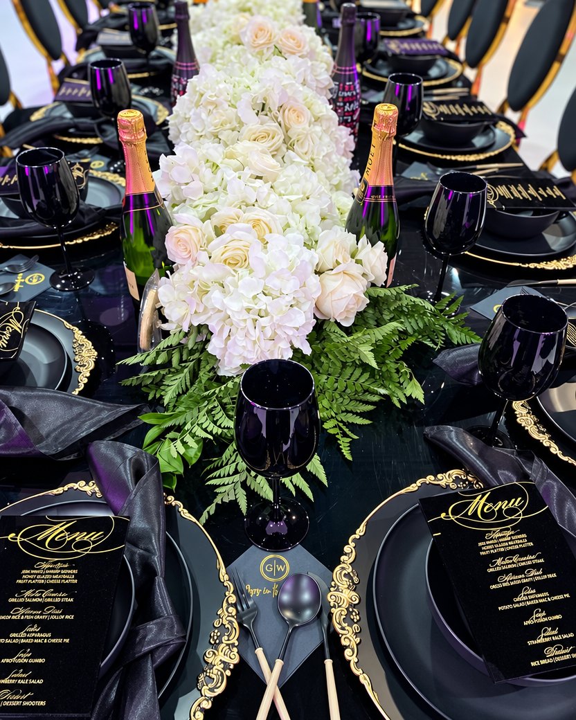 Black tablescape with gold-rimmed chargers, black glassware and a white rose runner
