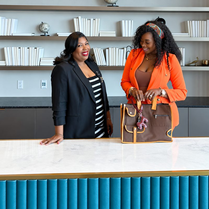 Two businesswomen at a marble counter, one holding a monogrammed bag