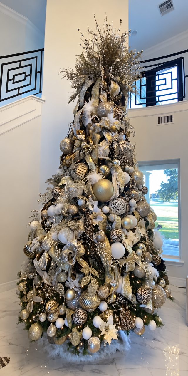 Holiday tree dressed in champagne gold and silver ornaments with metallic ribbon