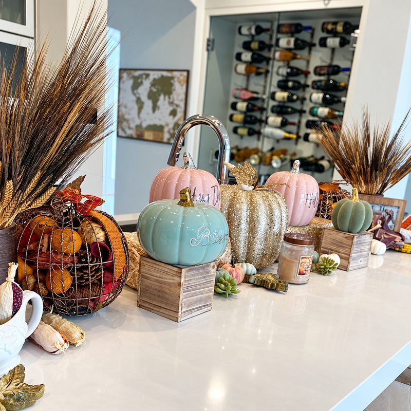 Kitchen counter styled for autumn with velvet and glitter pumpkins and dried grasses