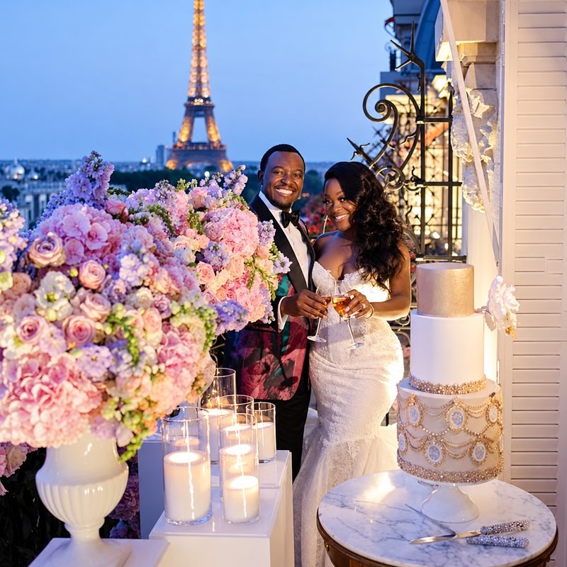 Bride and groom beside a tiered cake and a tall pink floral arrangement, the Eiffel Tower lit behind them at dusk